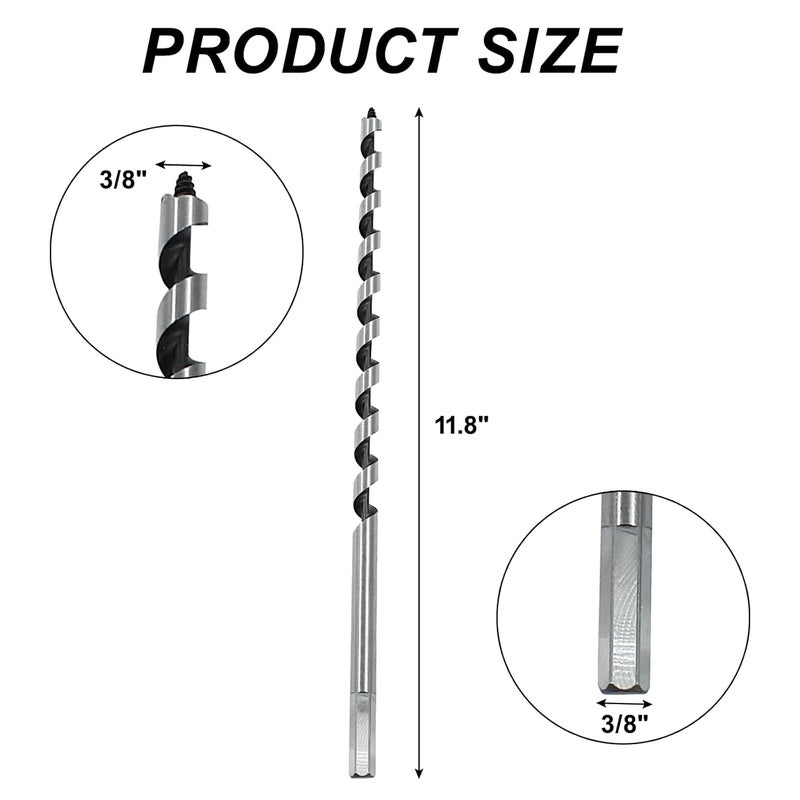 Coufce 3/8" Diameter Auger Drill Bit 12" Ship Auger Long Drill Bit 3/8" Hex Shank Long Drill Bits for Wood Hole Cutter in Hardwood, Softwood, and Composite Materials - Image 3